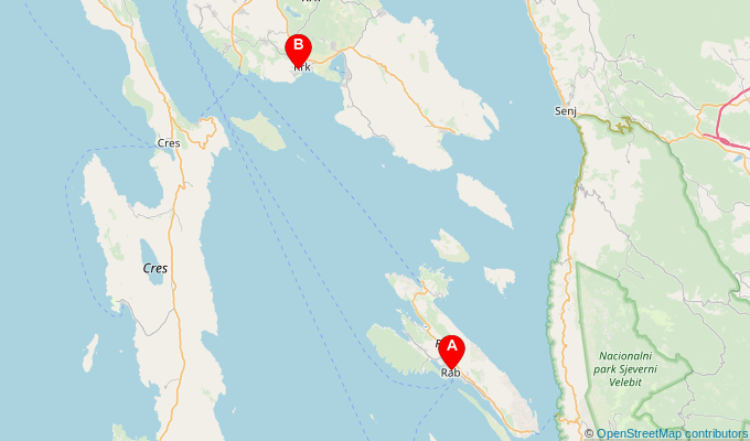 Map of ferry route between Rab and Krk